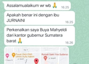 Pesan Whatsapp Mengatasnamakan Gubernur Sumbar Kembali Marak, Masyarakat Dihimbau Waspada